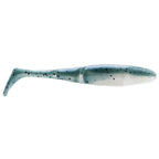 Light blue paddle-tail fishing lure with black speckles and fin tail