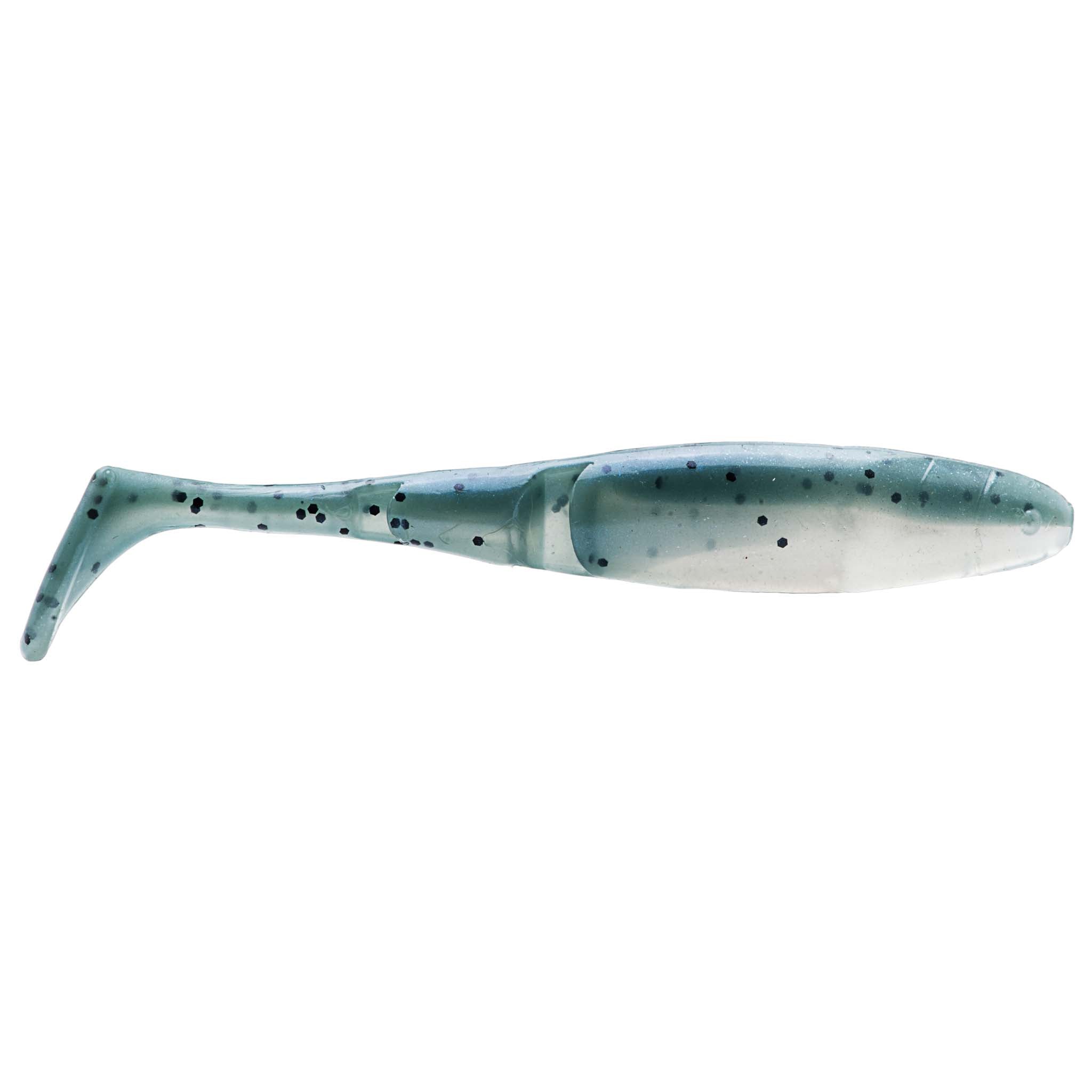 Light blue paddle-tail fishing lure with black speckles and fin tail