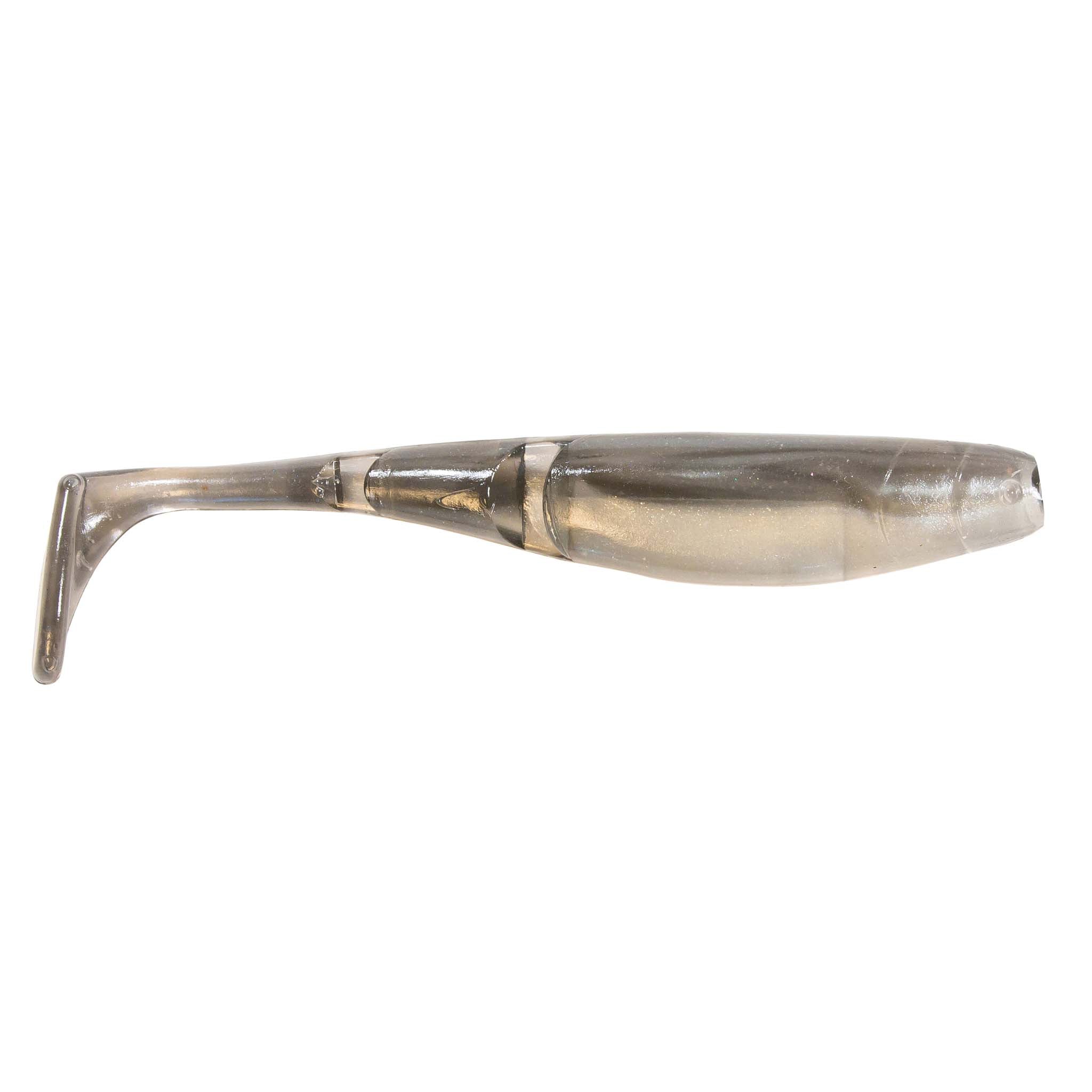 Clear tan shad paddle-tail fishing lure with dark stripe near top and fin tail