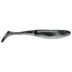Dark gray and clear paddle-tail fishing lure with speckled glitter and fin tail