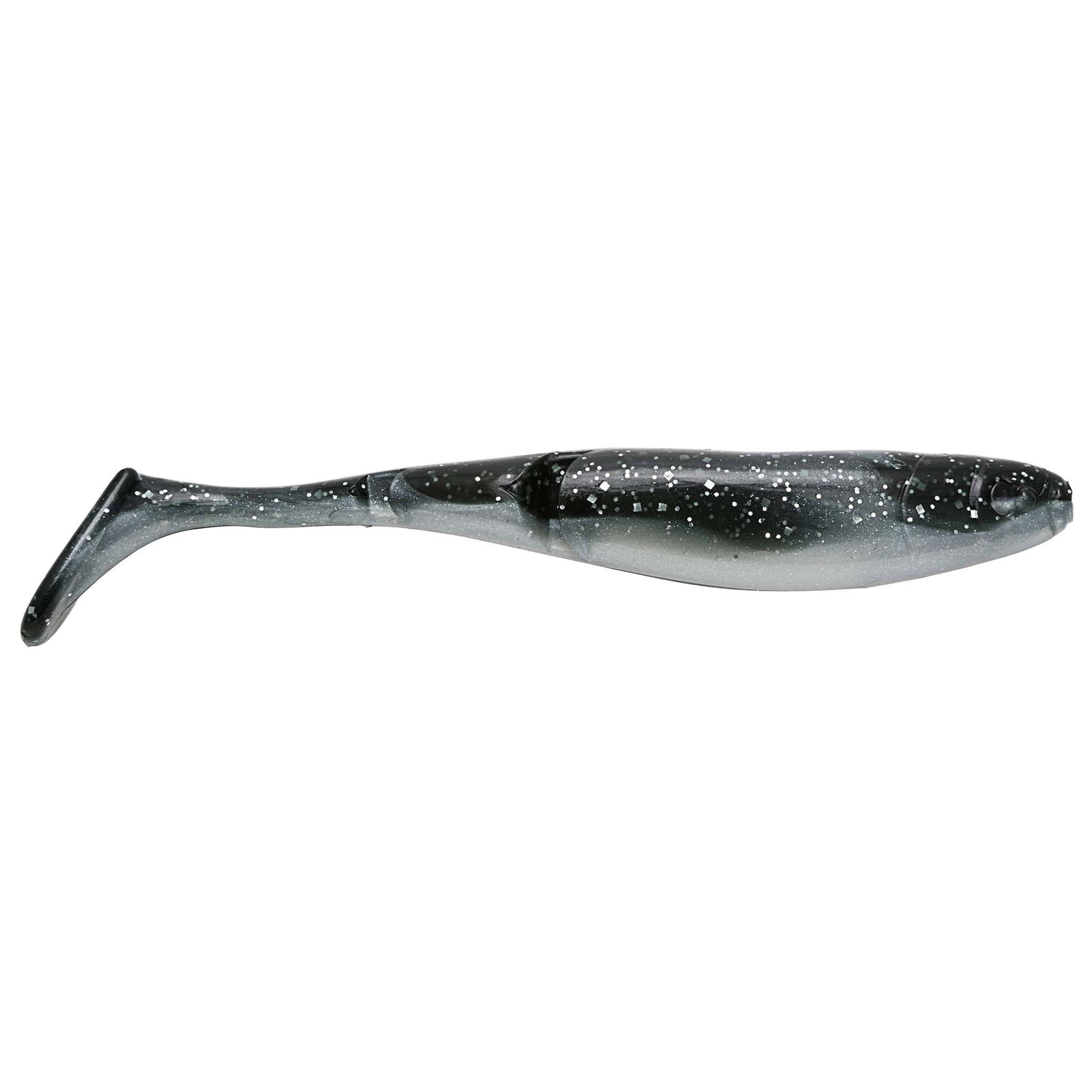 Dark gray and clear paddle-tail fishing lure with speckled glitter and fin tail