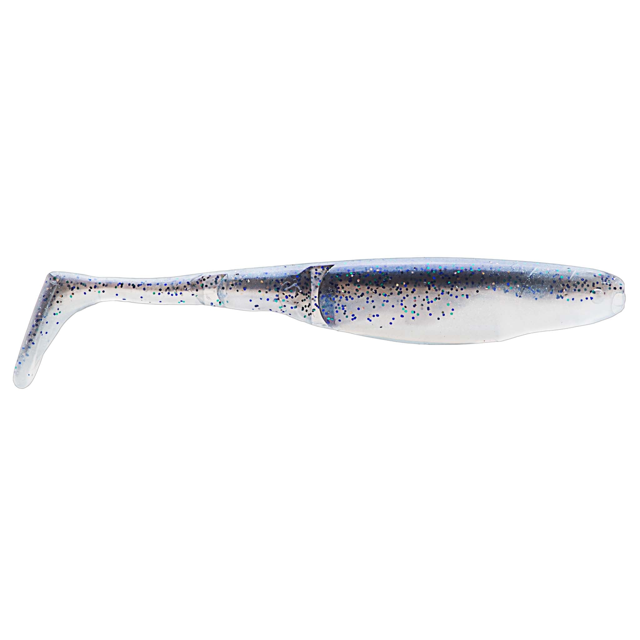 White paddle-tail fishing lure with blue speckles and speckled fin tail