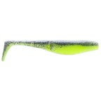 Neon green paddle-tail fishing lure with dark speckled top and fin tail