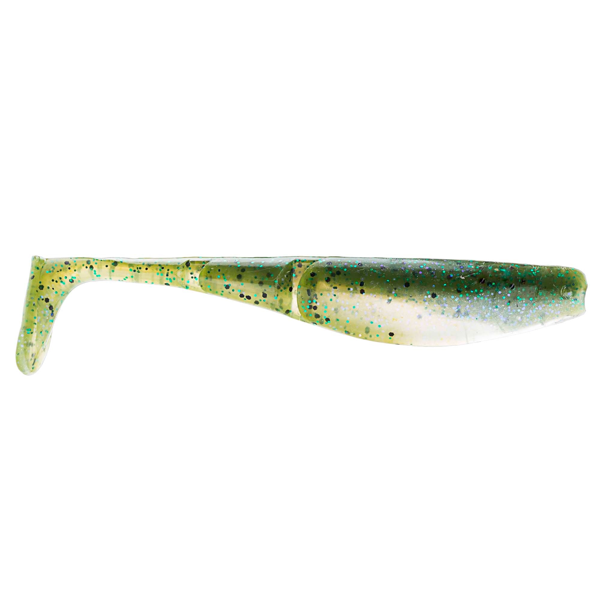 Green and chartreuse paddle-tail fishing lure with yellow speckled body and fin tail