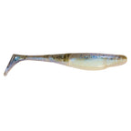Pale blue and gold glitter paddle-tail fishing lure with speckled fin tail