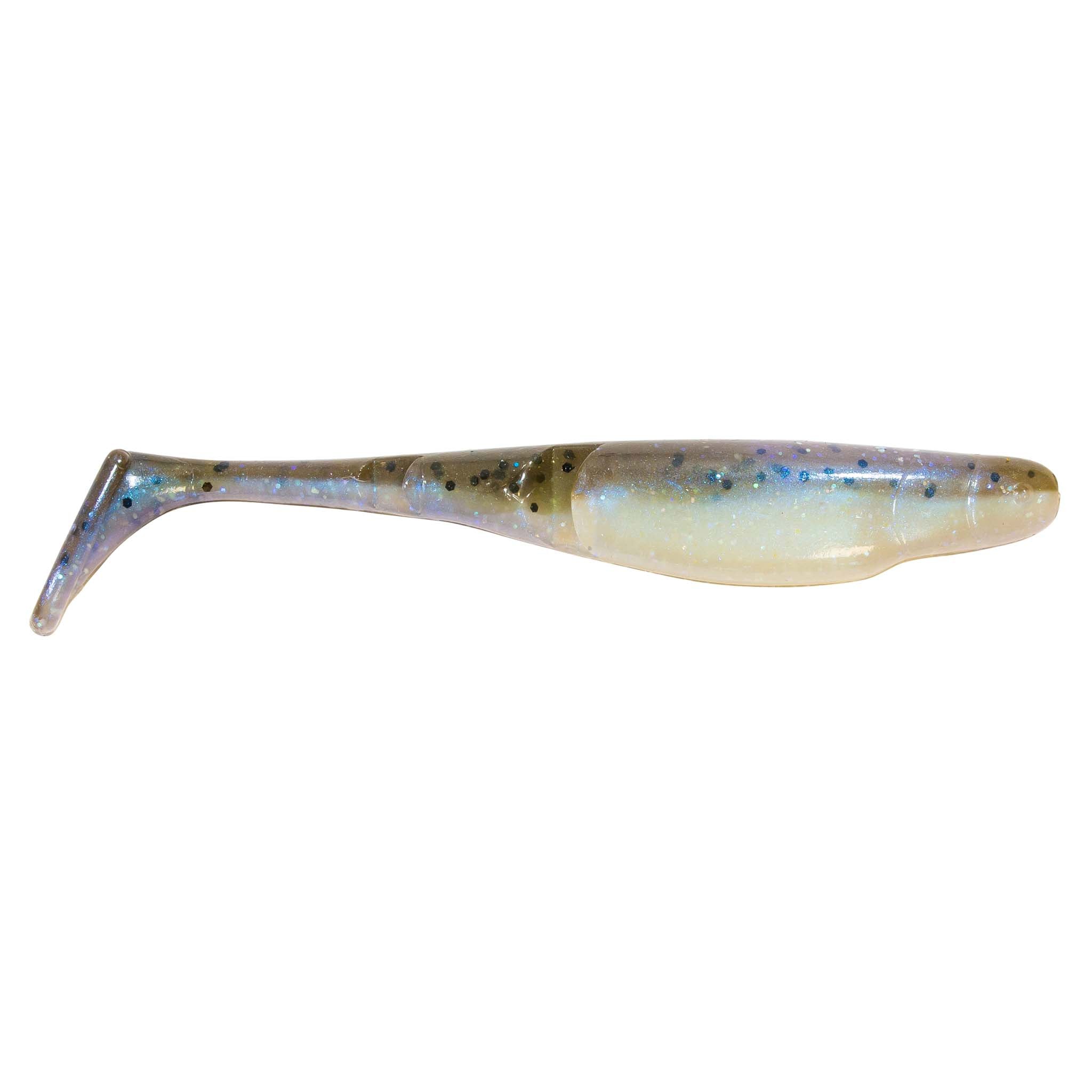 Pale blue and gold glitter paddle-tail fishing lure with speckled fin tail