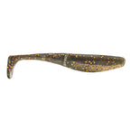 Dark brown glitter paddle-tail fishing lure with light speckled side and fin tail