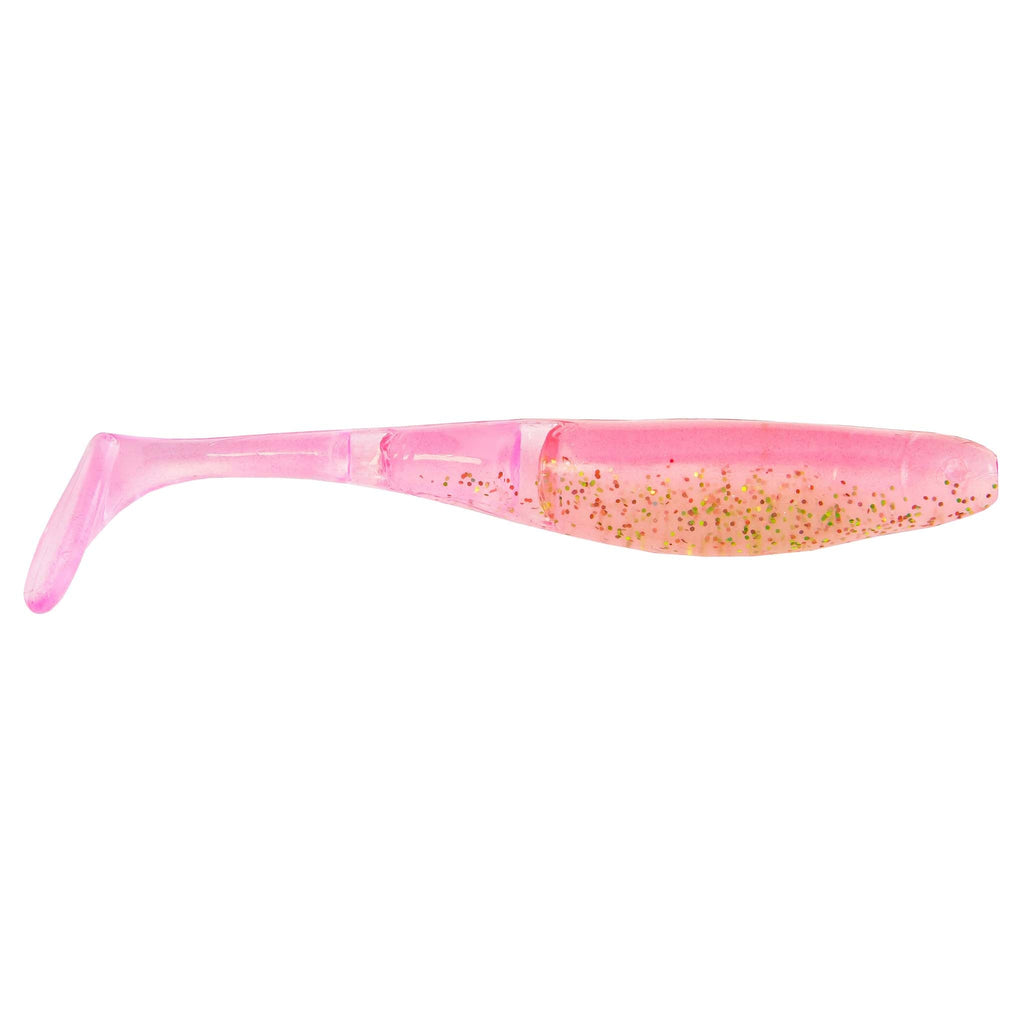 Pink translucent paddle-tail fishing lure with gold speckles and fin tail