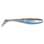 Light blue translucent paddle-tail fishing lure with dark speckles and fin tail