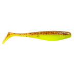 Yellow chartreuse paddle-tail fishing lure with orange-brown speckles and fin tail