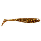 Brown and gold glitter paddle-tail fishing lure with mottled body and fin tail