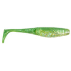 Translucent green paddle-tail fishing lure with light fiber strands and fin tail