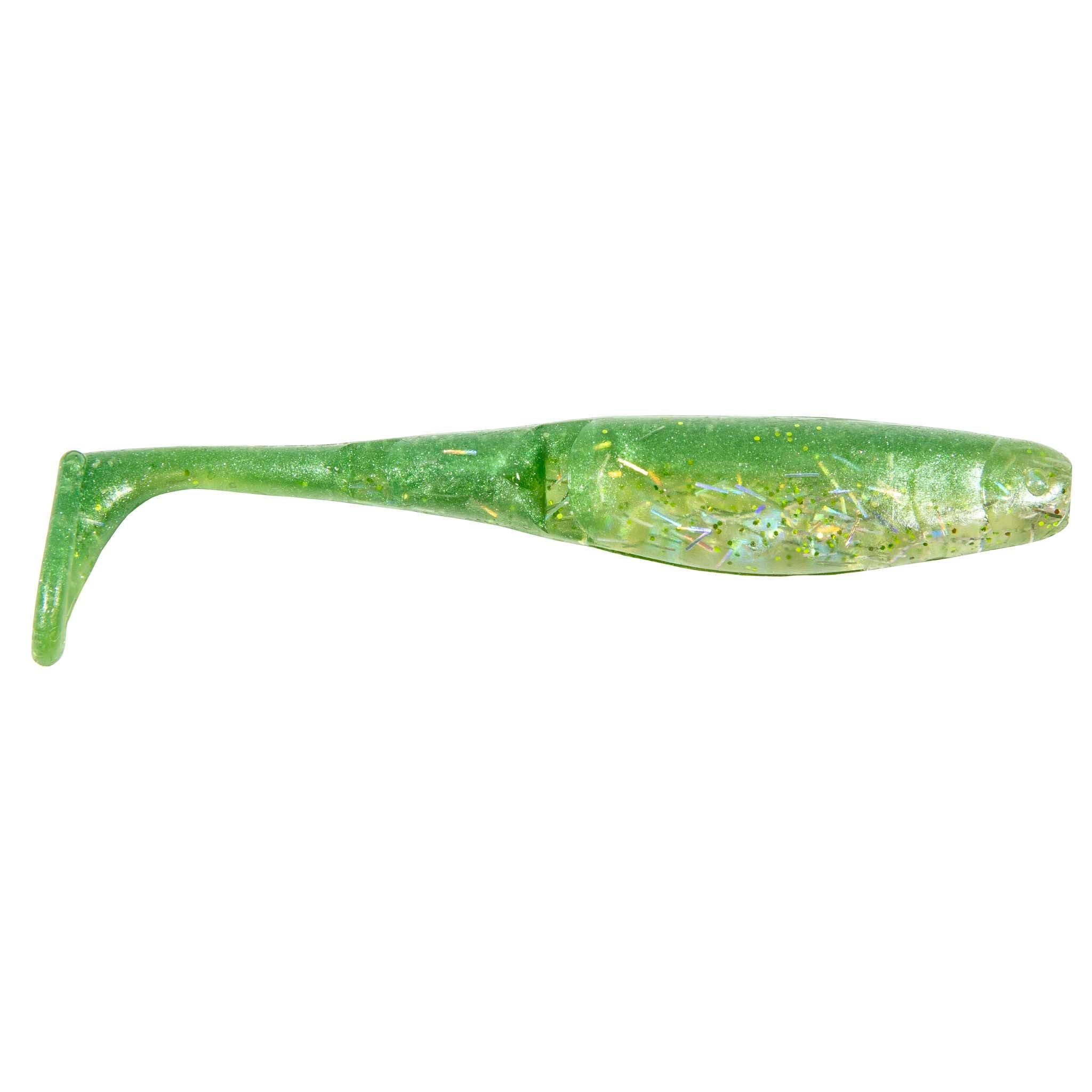 Translucent green paddle-tail fishing lure with light fiber strands and fin tail