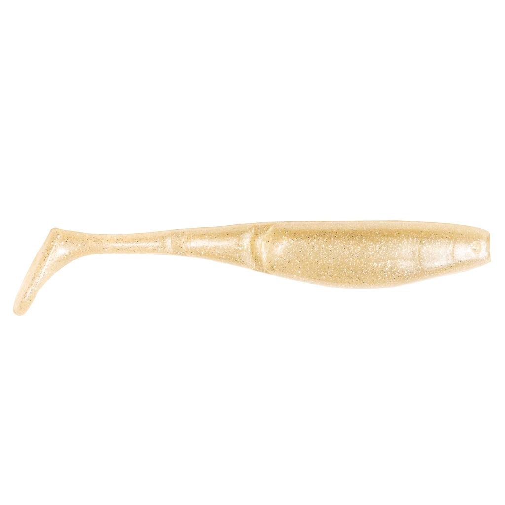 Clear pale tan paddle-tail fishing lure with fine glitter and fin tail