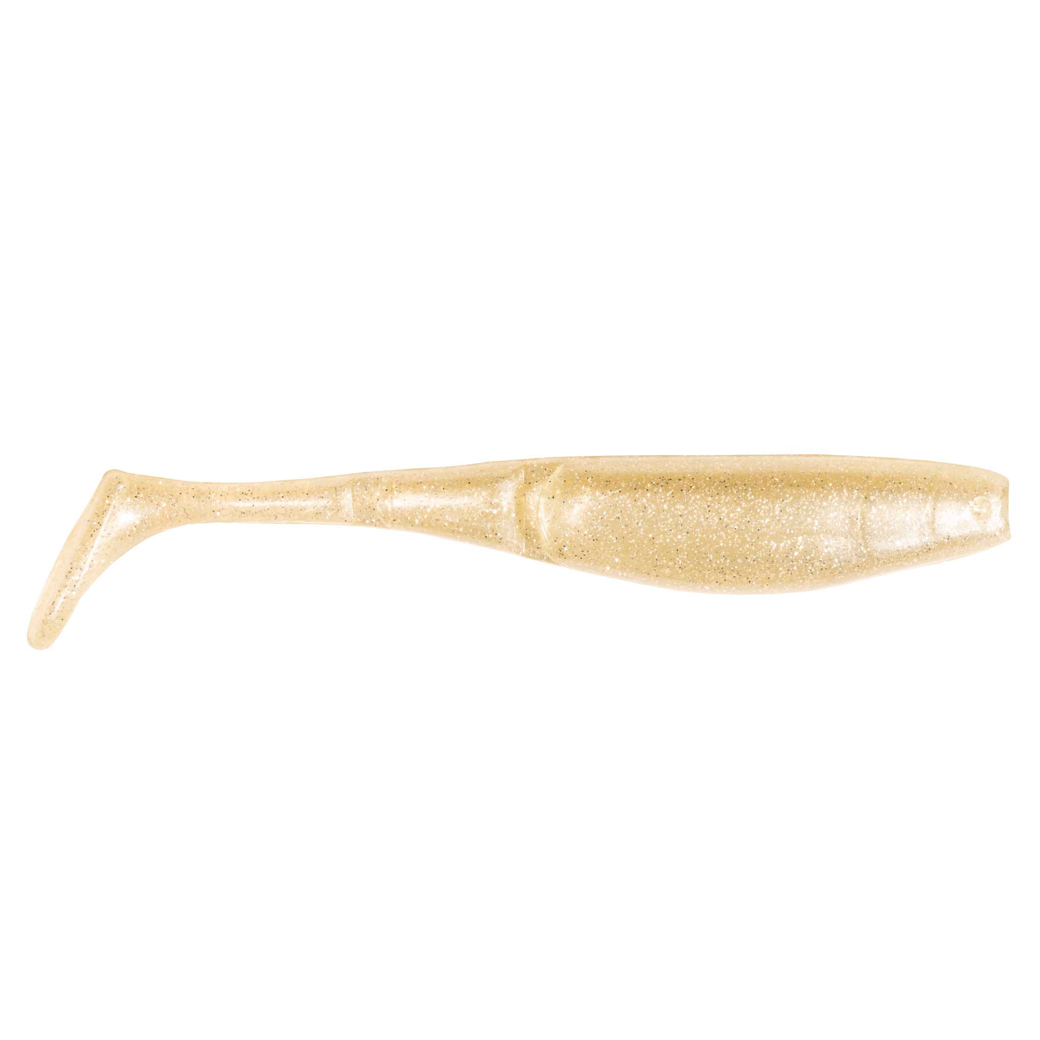 Clear pale tan paddle-tail fishing lure with fine glitter and fin tail