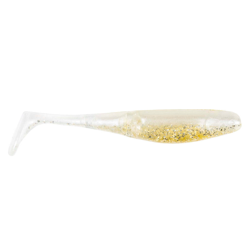 Clear cream paddle-tail fishing lure with gold glitter specks and fin tail