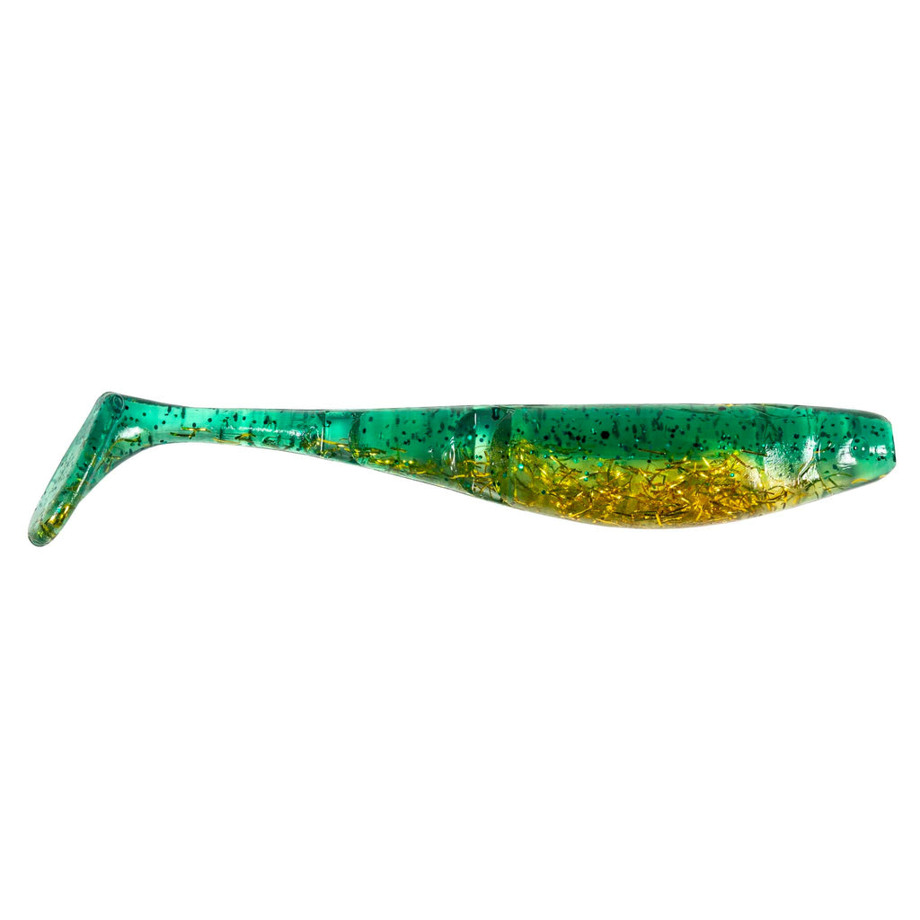 Green and teal paddle-tail fishing lure with yellow-gold glitter underside and fin tail