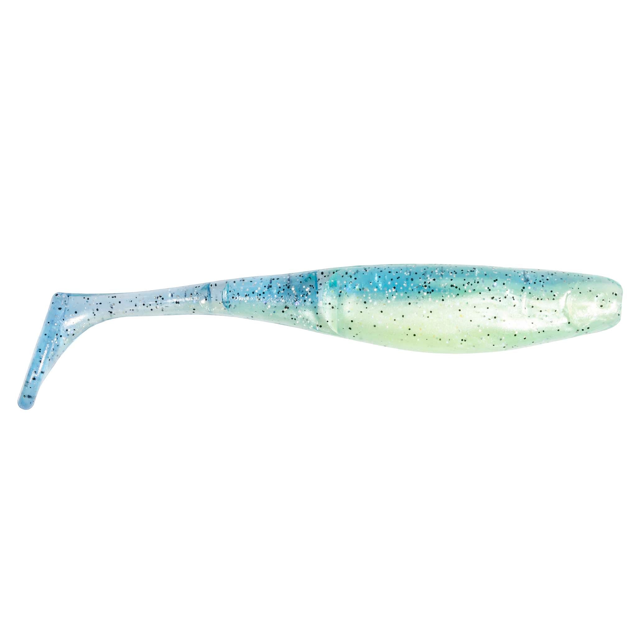 Light blue and pale green paddle-tail fishing lure with blue speckled glitter and fin tail