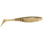 Clear tan shad paddle-tail fishing lure with darker stripe and small fin tail