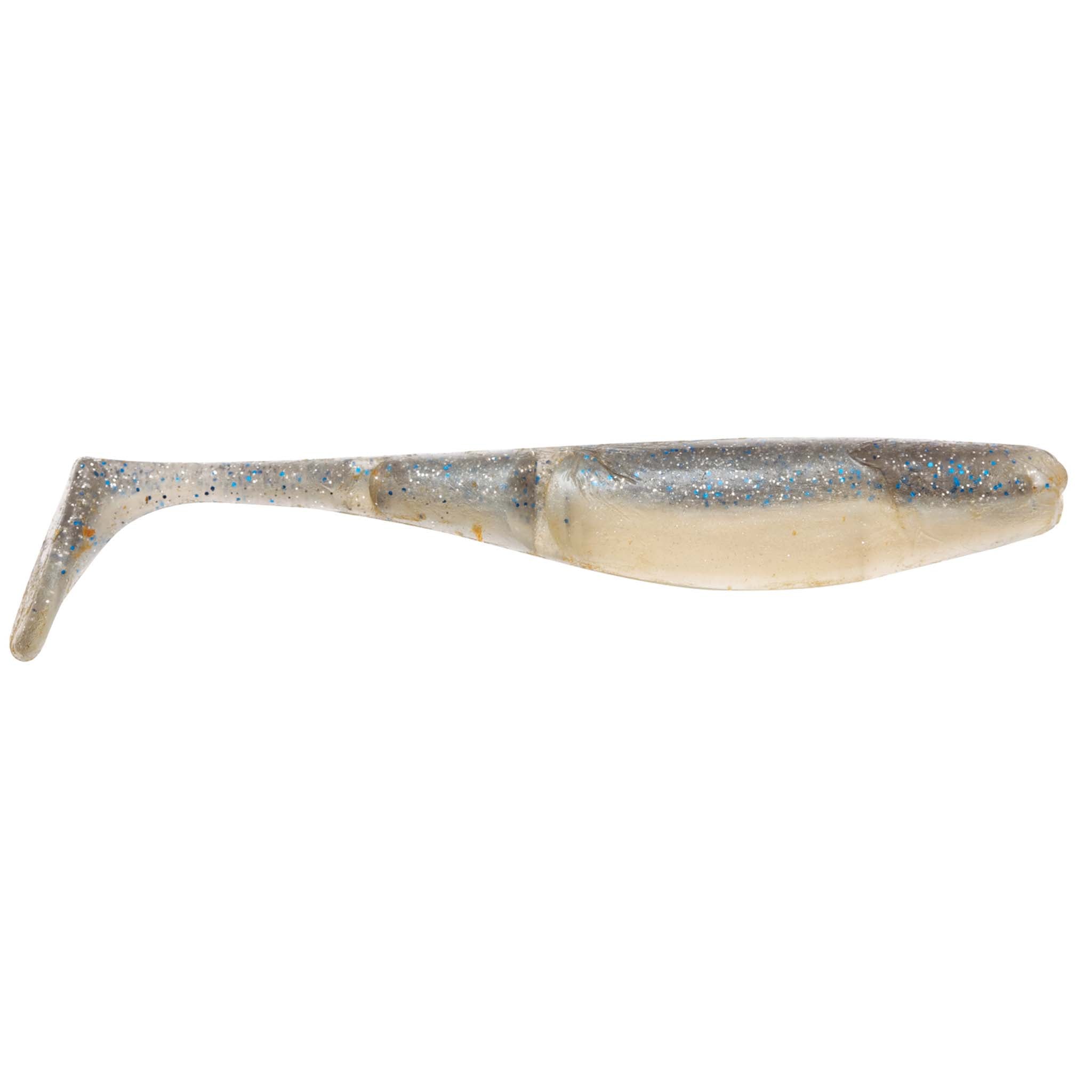 Cream and blue speckled paddle-tail fishing lure with gray glitter and fin tail