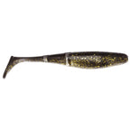 Black and gold glitter paddle-tail fishing lure with speckled body and fin tail