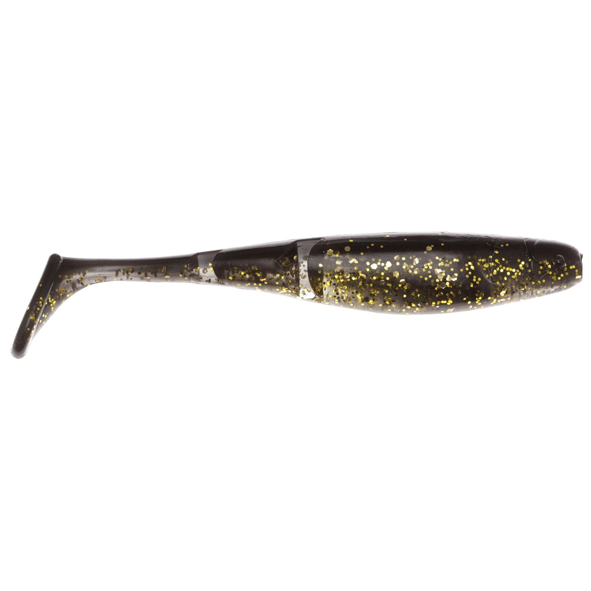 Black and gold glitter paddle-tail fishing lure with speckled body and fin tail