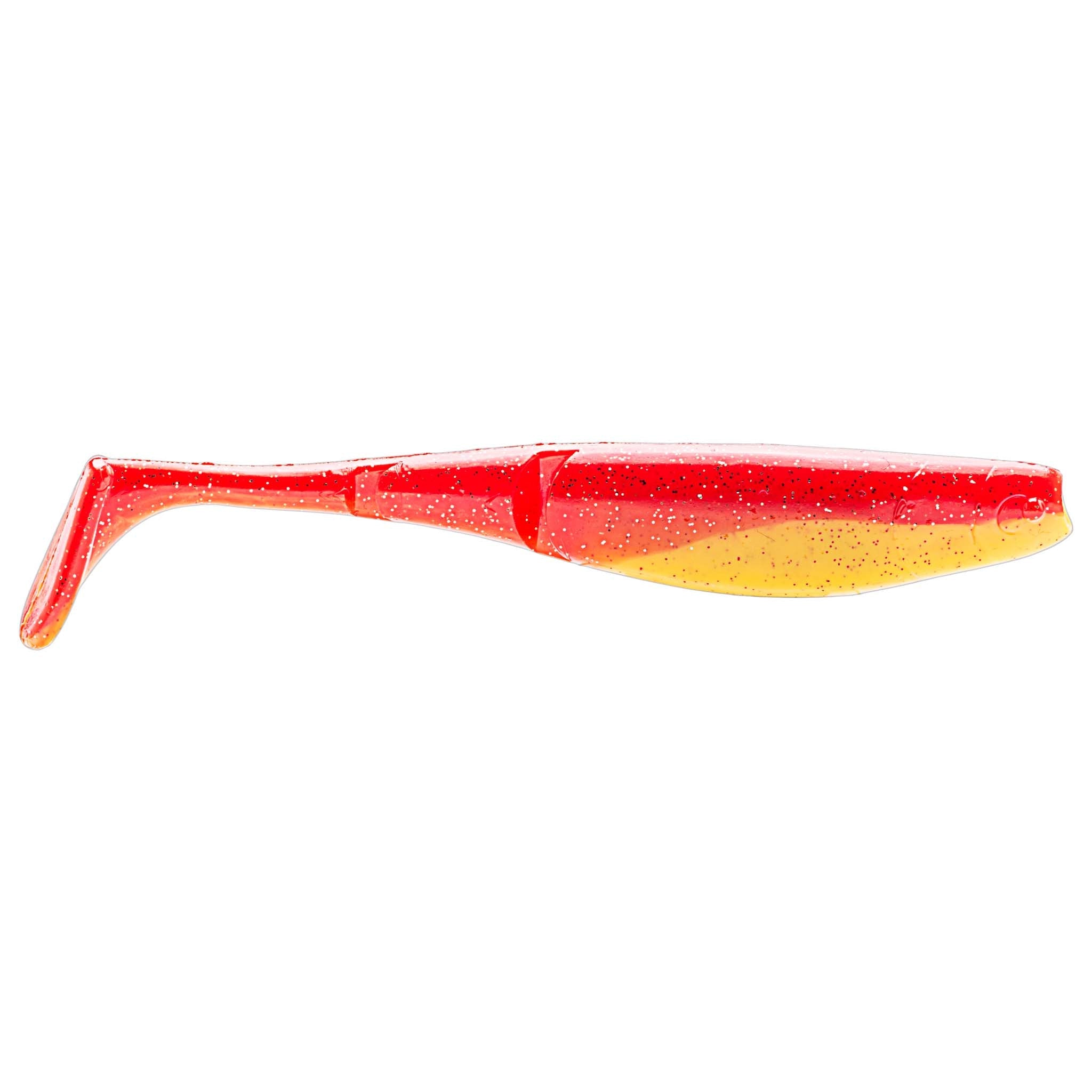 Red paddle-tail fishing lure with orange-yellow gradient underside and speckled glitter