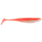 Translucent pink and orange paddle-tail fishing lure with smooth speckled body and fin tail