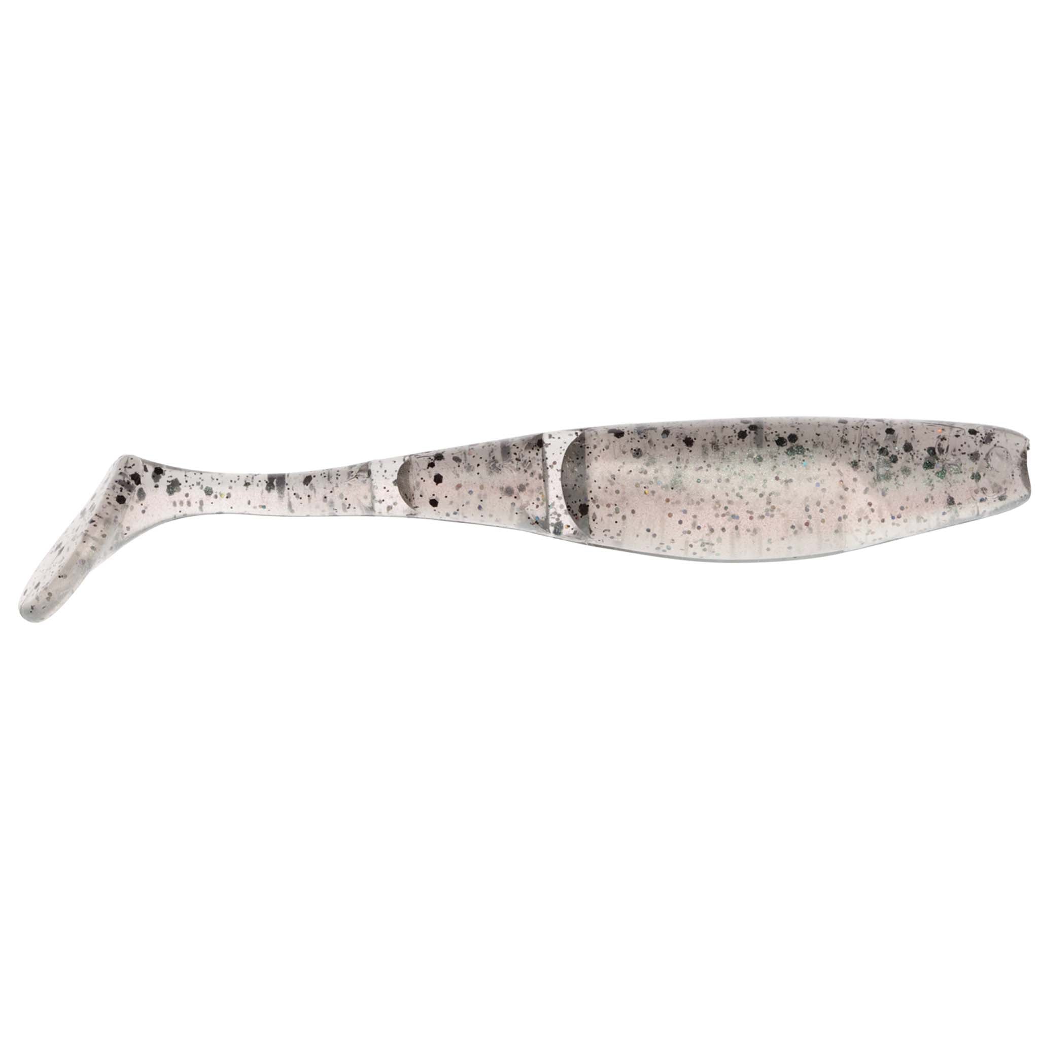 White and gray speckled paddle-tail fishing lure with dark fin tail and mottled center