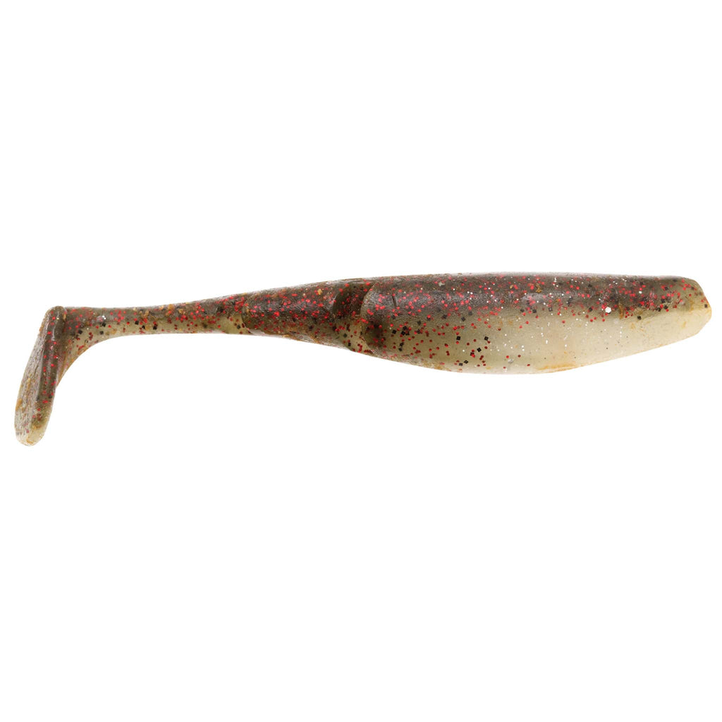 Brown-speckled cream paddle-tail fishing lure with mottled back and fin tail