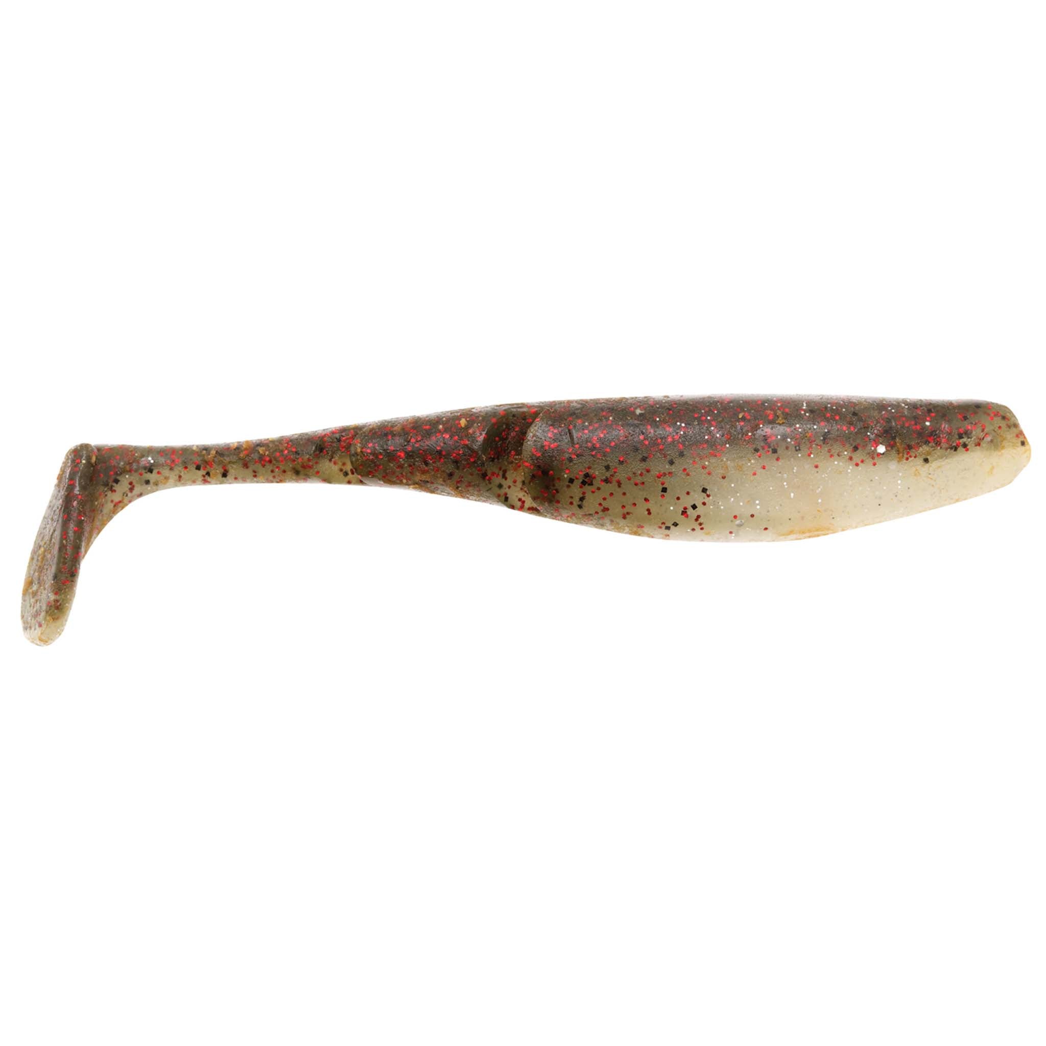 Brown-speckled cream paddle-tail fishing lure with mottled back and fin tail