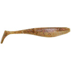 Gold-brown glitter paddle-tail fishing lure with speckled body and fin tail
