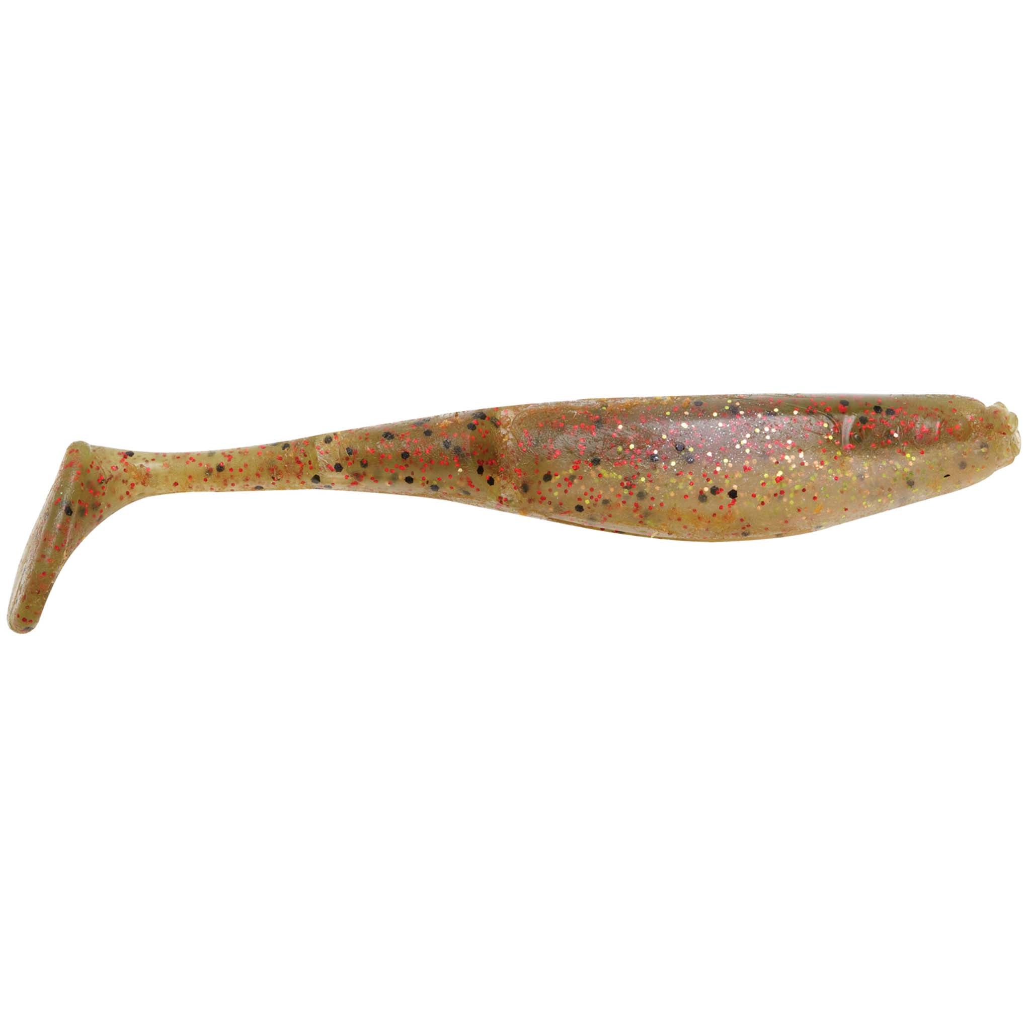 Gold-brown glitter paddle-tail fishing lure with speckled body and fin tail