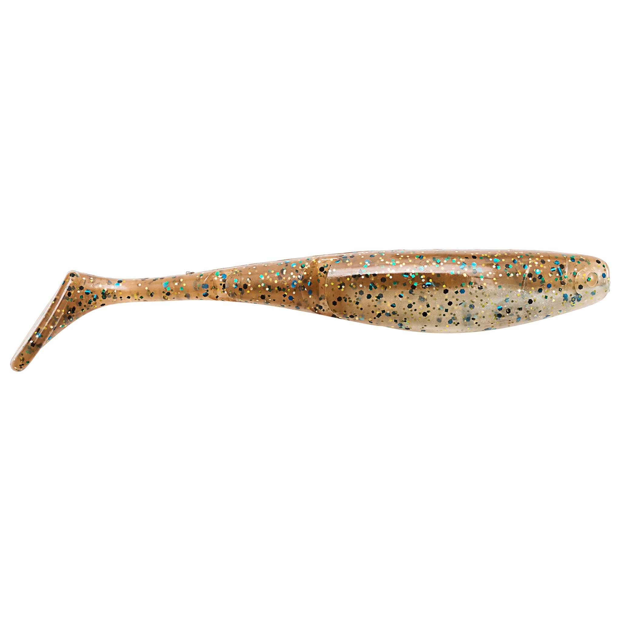 Brown and gold speckled paddle-tail fishing lure with mottled side and fin tail
