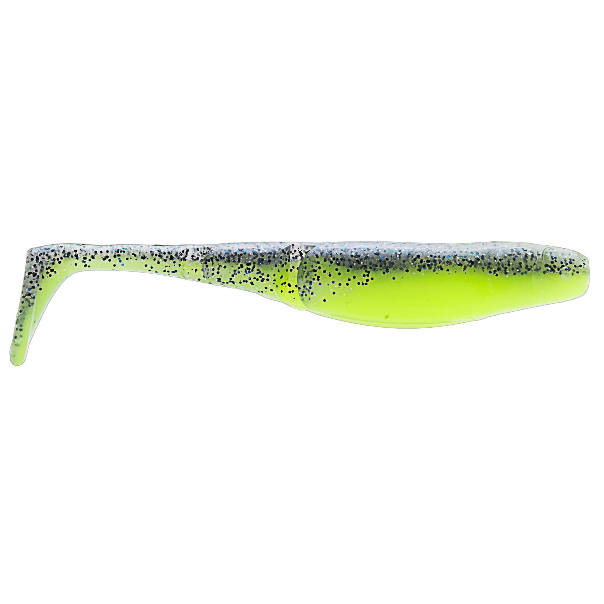 Neon green paddle-tail fishing lure with dark speckled top and fin tail