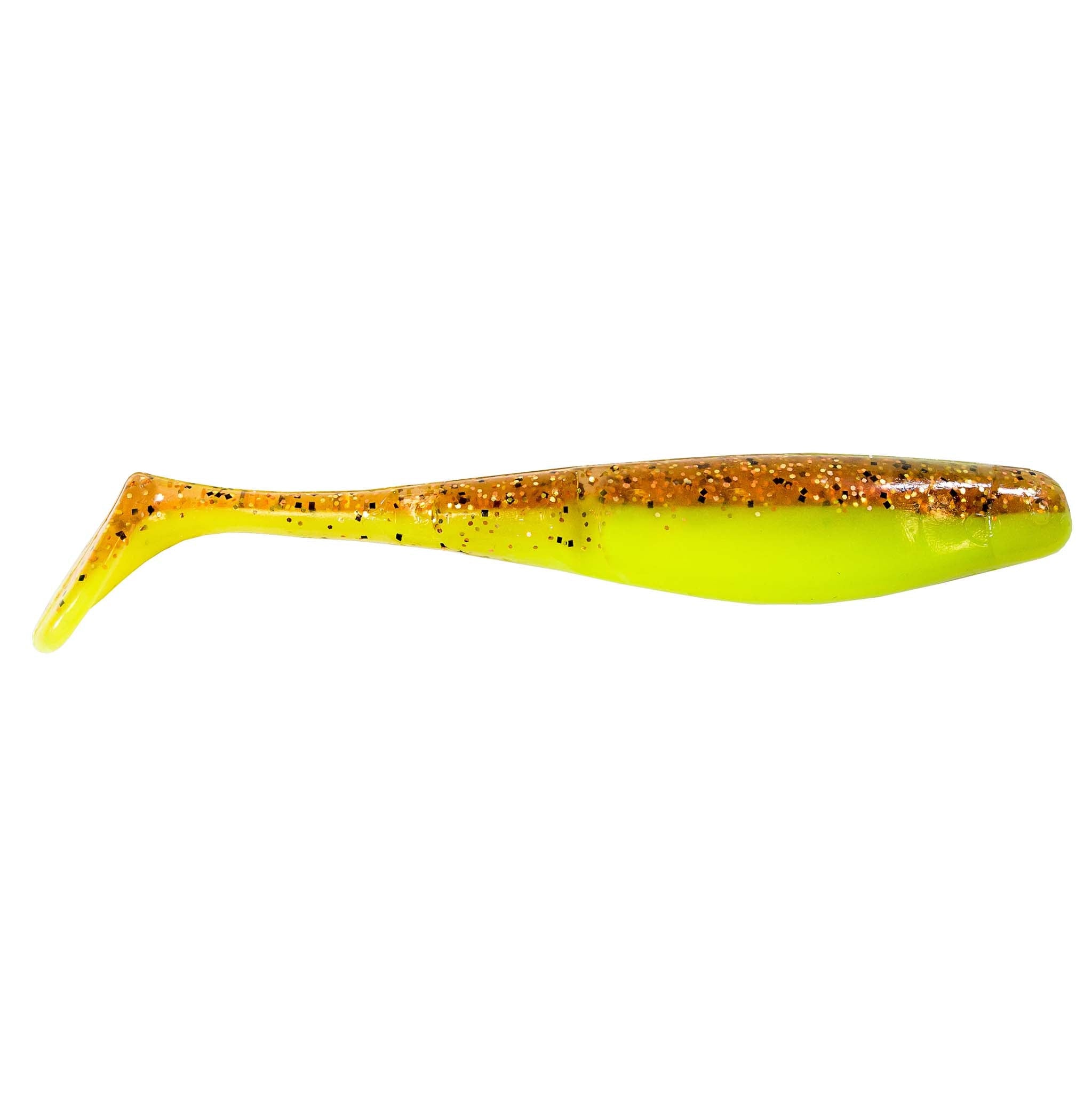 Chartreuse paddle-tail fishing lure with burnt-orange speckled back and fin tail