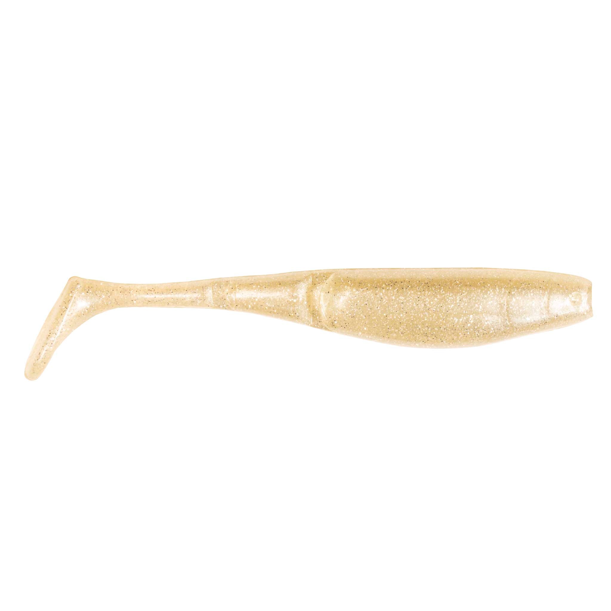 Clear pale tan paddle-tail fishing lure with fine glitter and small fin tail