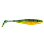 Green and yellow glitter paddle-tail fishing lure with dark speckles and fin tail