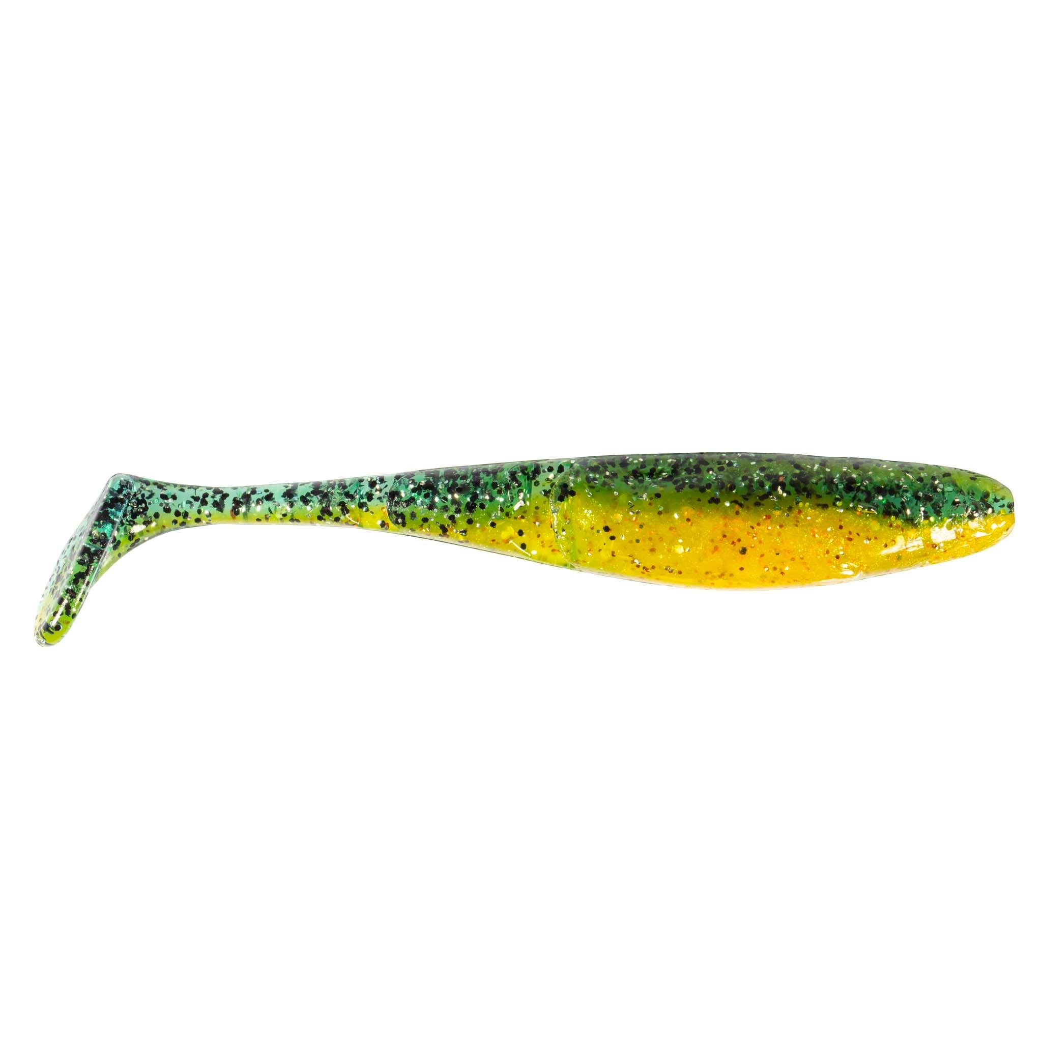 Green and yellow glitter paddle-tail fishing lure with dark speckles and fin tail