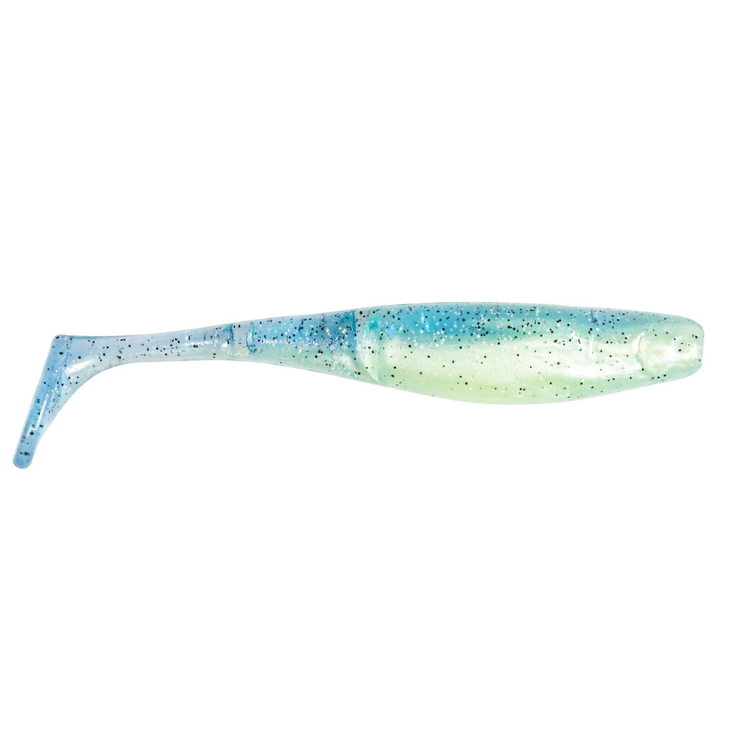Light blue paddle-tail fishing lure with white-green belly and speckled fin tail