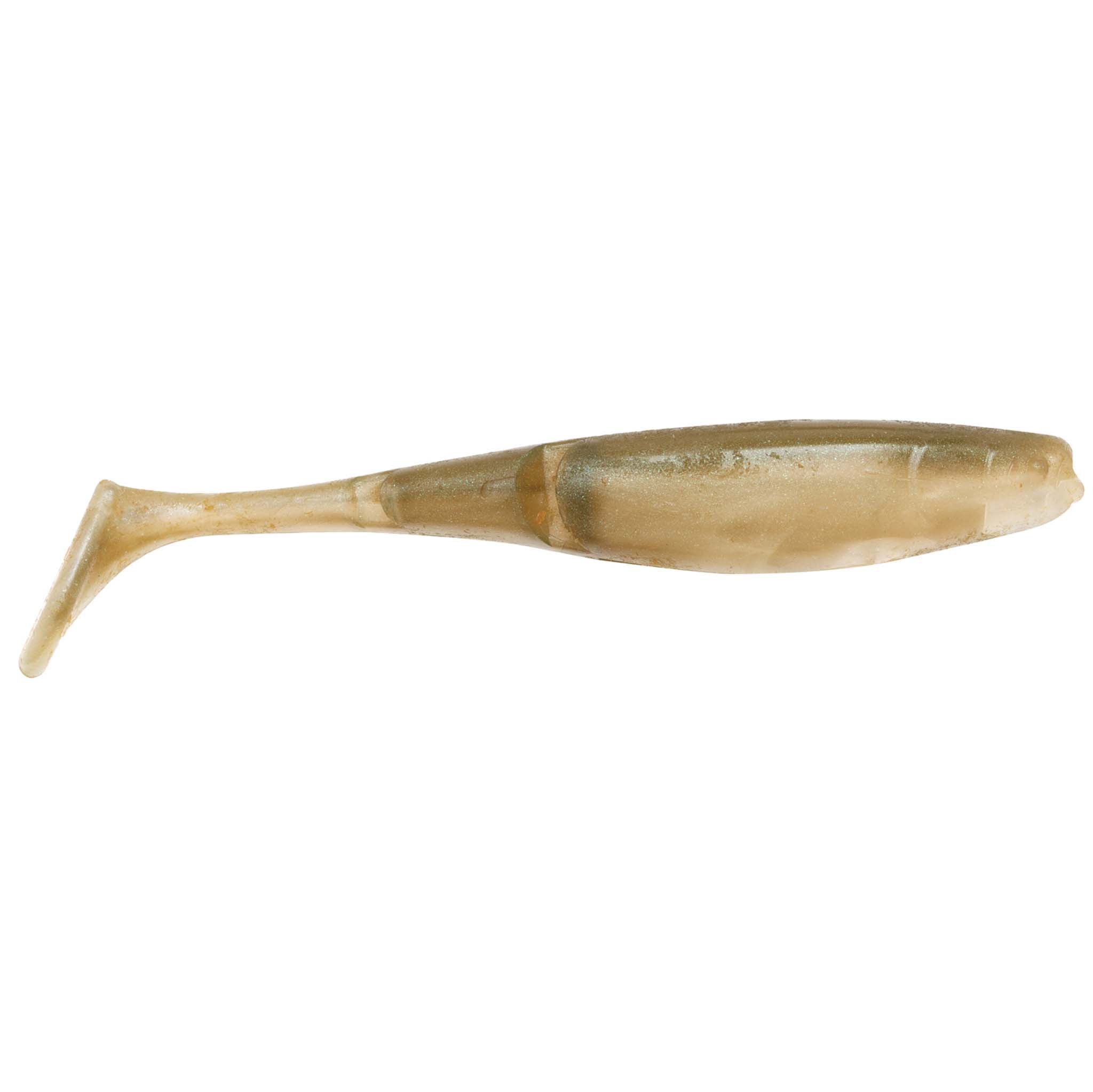 Clear tan shad paddle-tail fishing lure with darker center stripe and fin tail