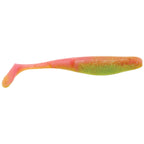 Orange and chartreuse paddle-tail fishing lure with green speckled top and fin tail