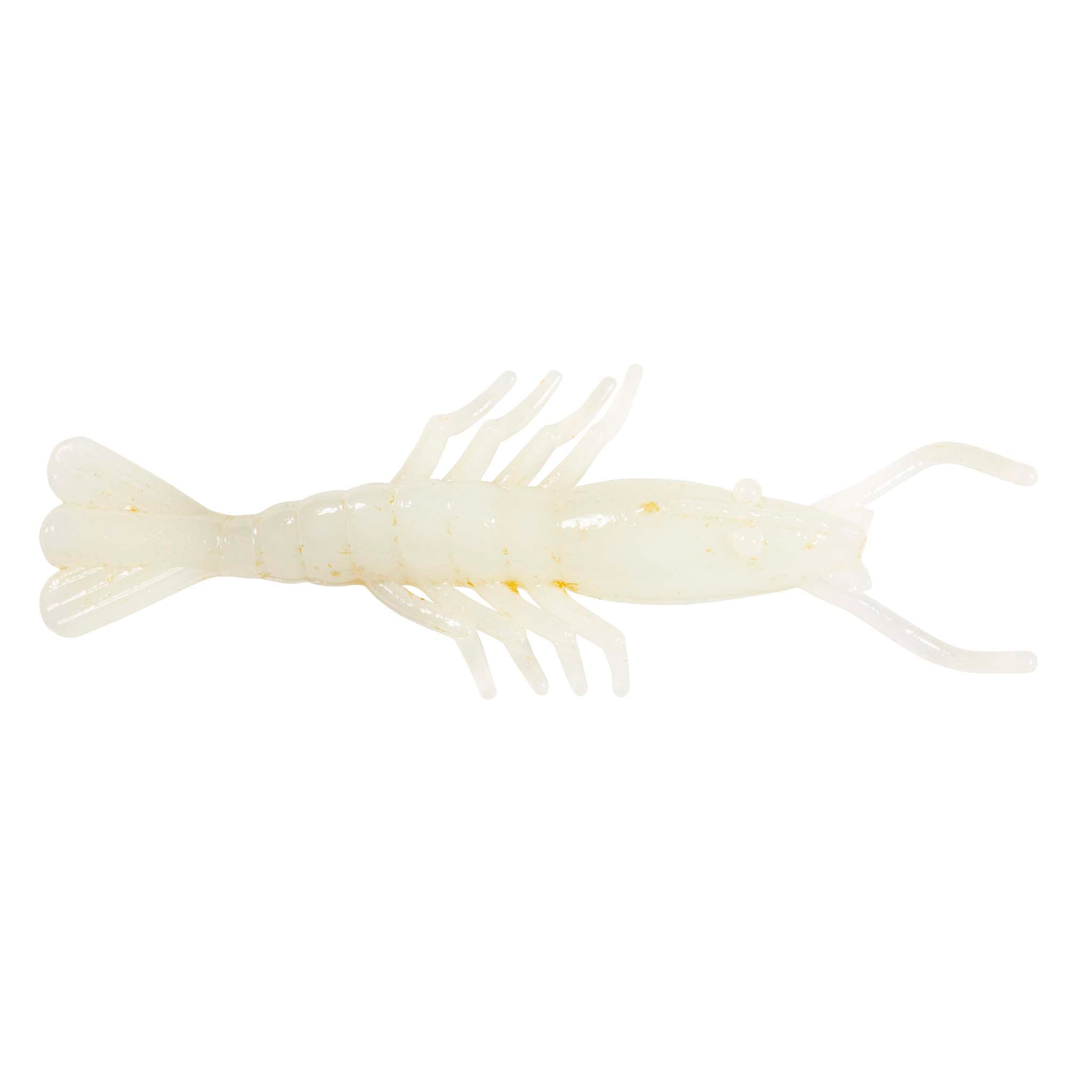 Scented shrimp lure in translucent off-white with faint speckles, fan tail, antennae
