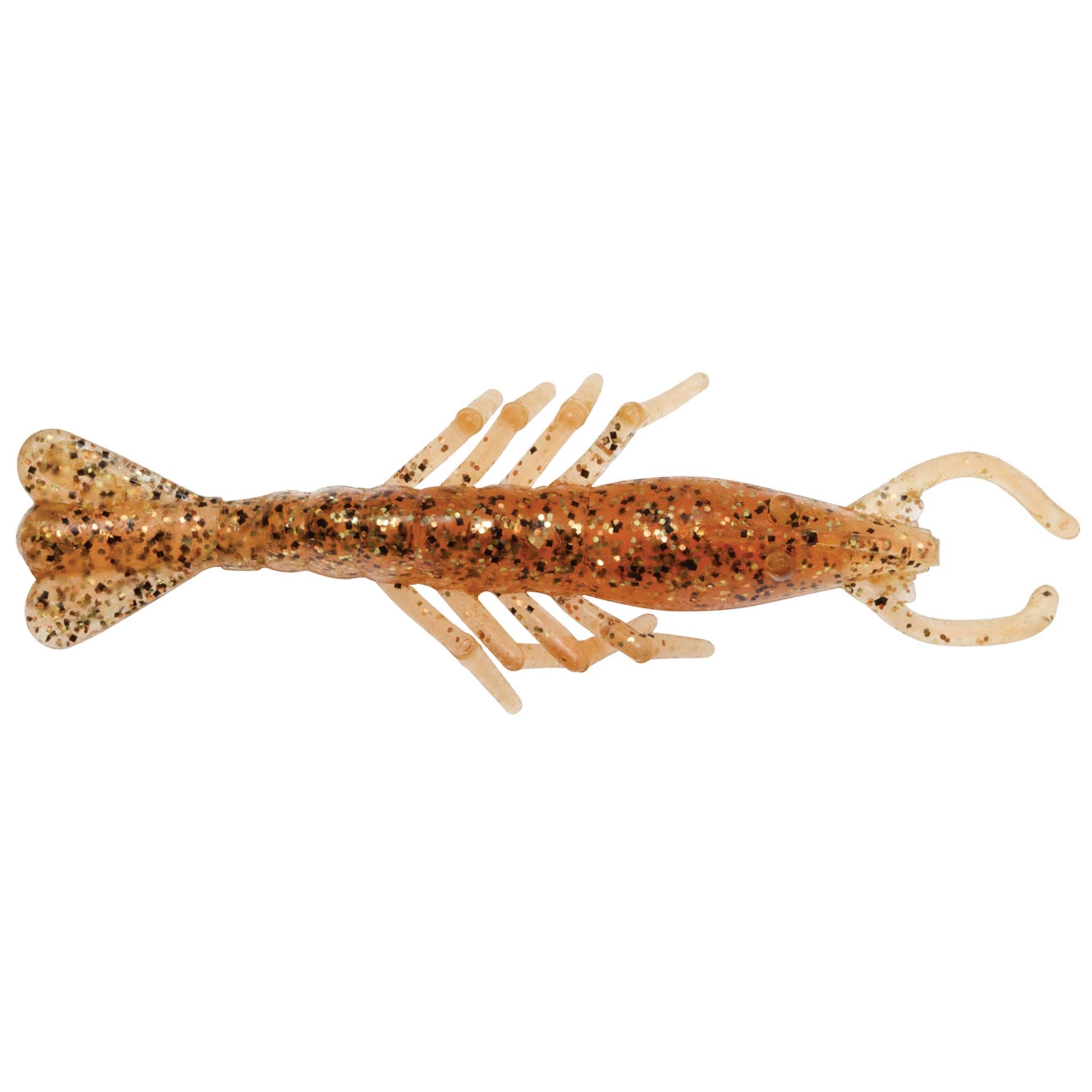 Scented shrimp lure in speckled brown with white legs and curved antennae
