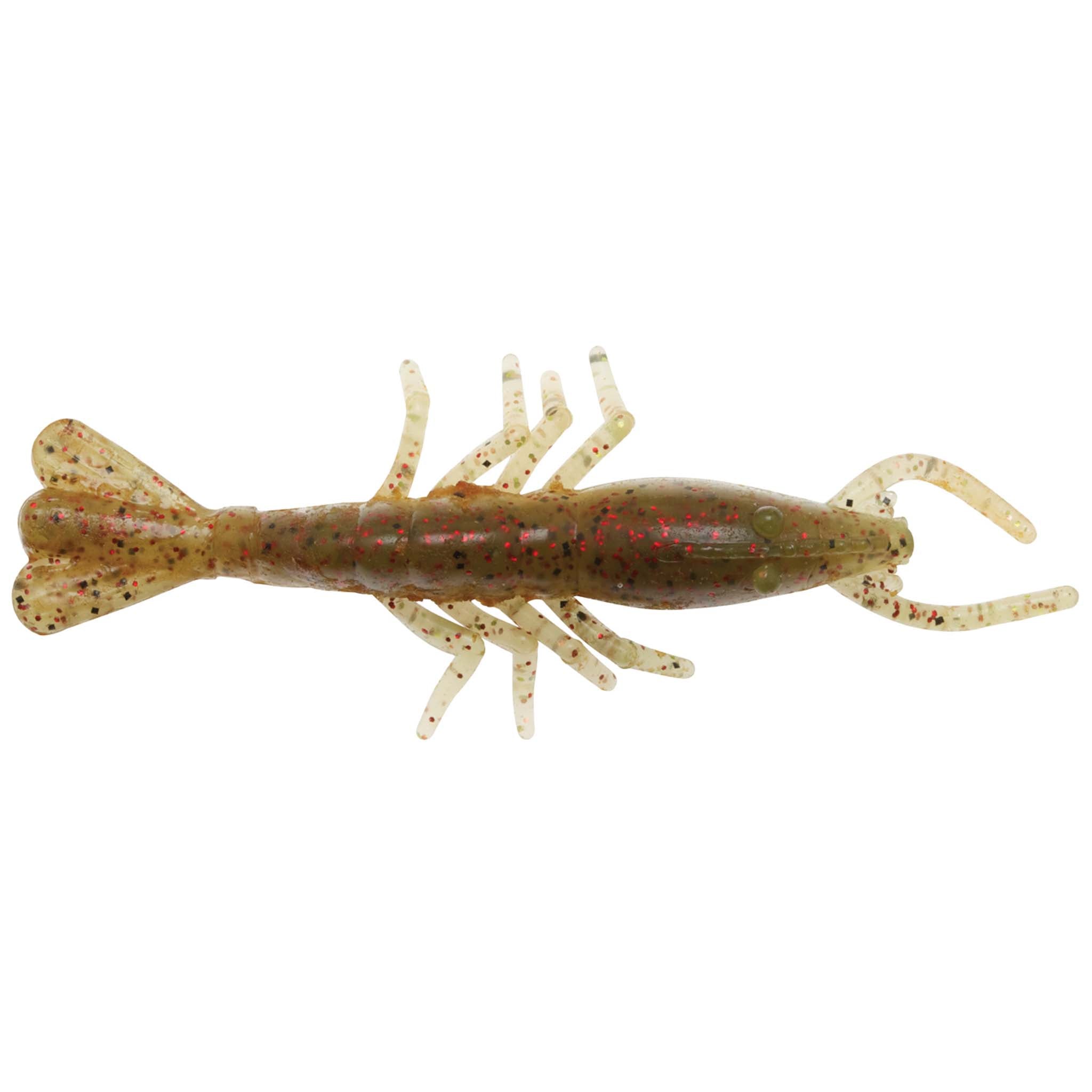 Scented shrimp lure in mottled brown with red speckles, light legs, antennae