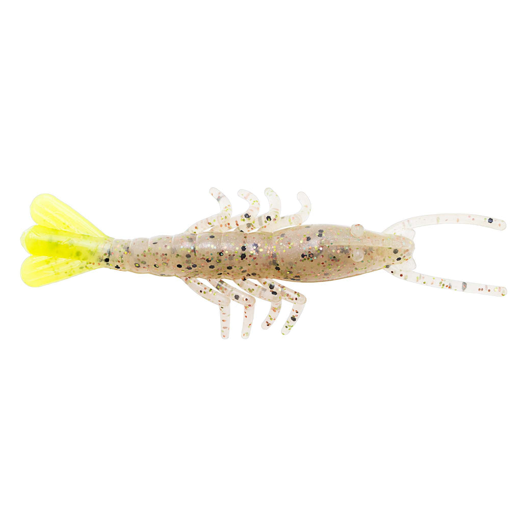 Scented shrimp lure in translucent beige with brown speckles and bright yellow tail