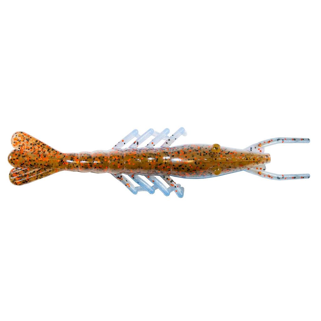 Scented shrimp lure in orange-brown speckled with blue legs and curved antennae
