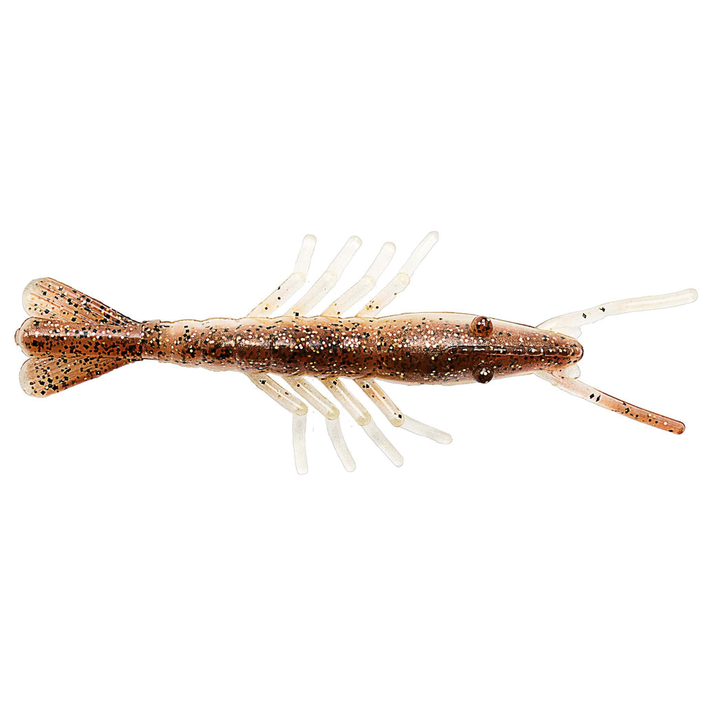Scented shrimp lure in dark brown with orange speckle glitter and white tentacles