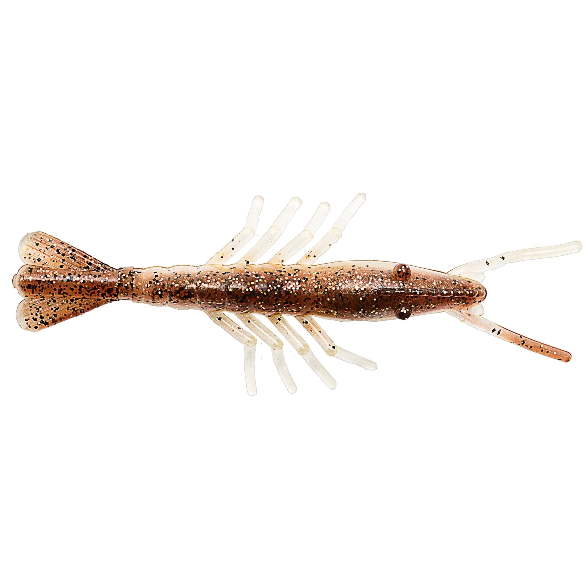 Scented shrimp lure in dark brown with orange speckle glitter and white tentacles