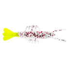 Scented shrimp lure in white with red speckles, yellow tail, and clear tentacles